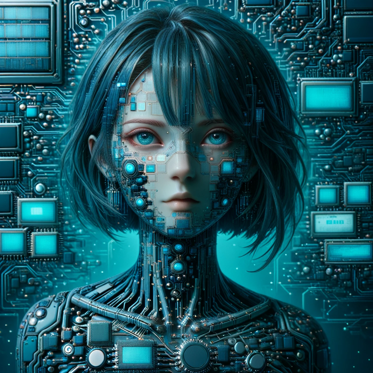 Supreme female humanoid artificial intelligence, made entirely of Biomech semiconductor,  Science fiction, semiconductor cables instead of hair (masterpiece:1.2), Best quality</input></xml>, (hyperdetailed, more detailed:1.2), high resolution textures, chip na testa, connected by cables to a background circuit board, blue led with pulse, Stunning quality, facing the camera, face, facial view, eye contact, looking seductively at the viewer, Facing the viewer 