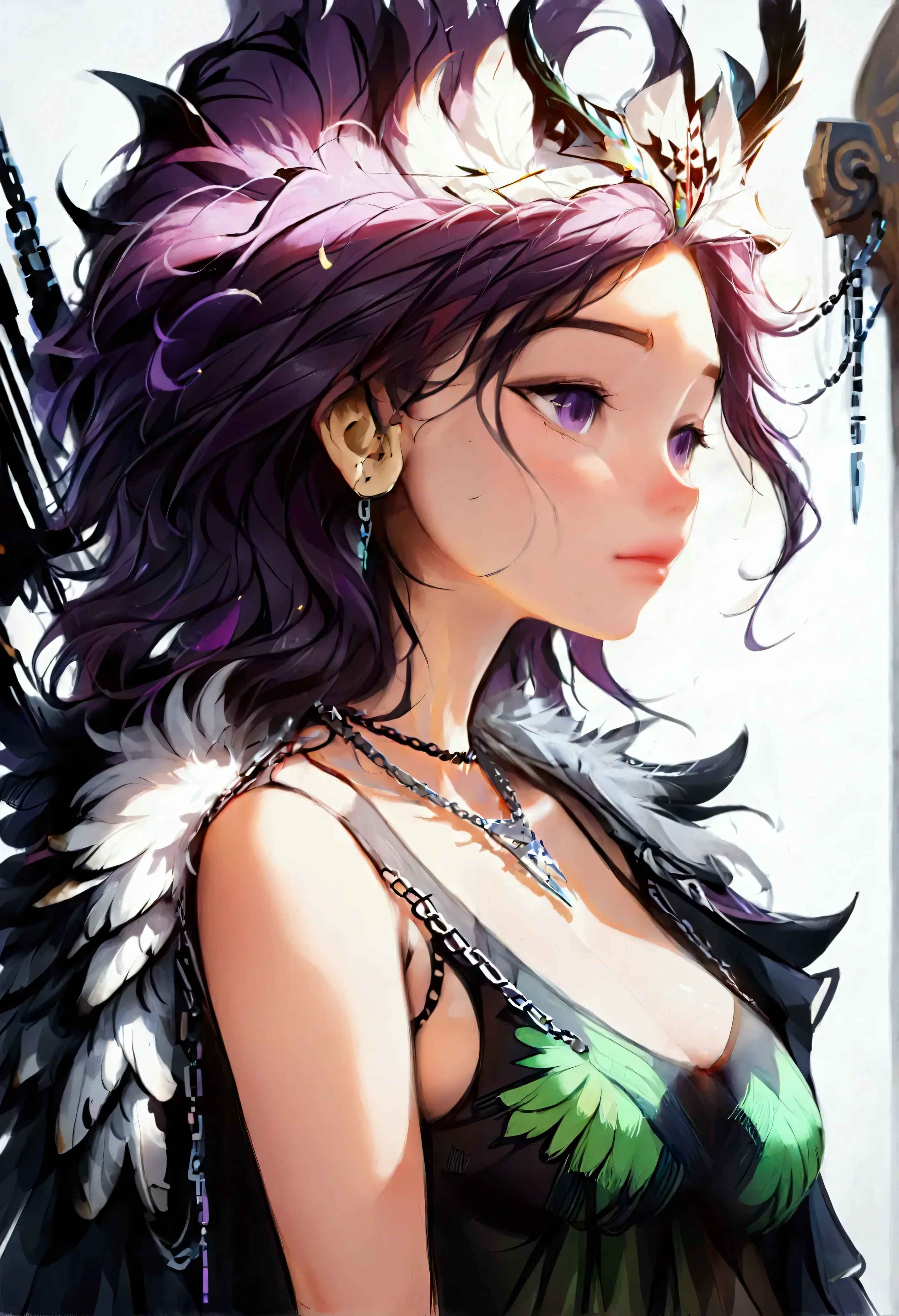 ((Girl: short hair , dark purple hair , White skin , greenish purple eyes , big breasts , a lot of bust , purple painted nails)) ( CLOTHES : feather poncho negras de cuervo, feather poncho, poncho made of feathers completely filled with feathers, modern baggy pants in purple and black , chain necklace , chains on your body, abdomen free and visible ) ( bottom : pink edges , rectangle in the blue and purple center with a throne of bones ) ( greenish violet eyes hyperrealism) ( pose : posing for photography from the side , one wool covering his face and the other on his chest , Crying a lot , many tears, blushing with a lot of sweat, many tears en el rostro )