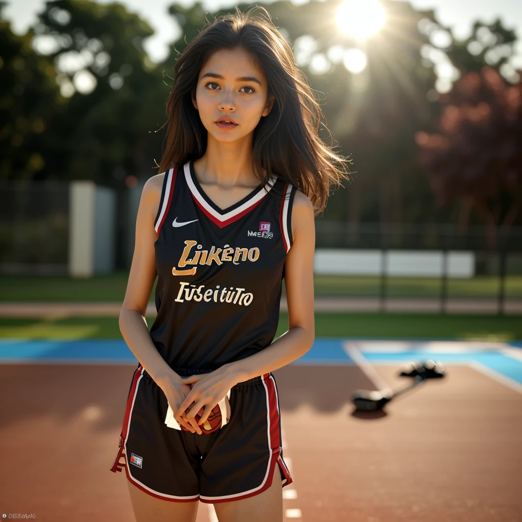 (8K, La mejor calidad, Masterpiece:1.2), (realistic, photo-realistic:1.37), Ultradetallado,La mejor calidad, ultra high resolution, professional lighting, mapeo de fotones, Radiosity, physically based rendering, cinematic lightingbasketball court,depth of field, sharp focus,sunbeam, Good composition,(bokeh:1.2) 1 girl,Alone,(full body), (closed mouth), detailed eyes, pose, narrow waist,basketball uniform, black hair,messy hair,long hair floating in the wind,(ulzzang-6500:1.2),  mix4, tall body