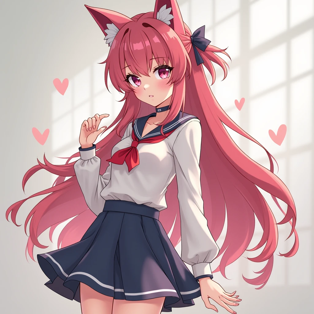 (furry), nuzzle, furchan, long hair, pink hair, body fur, white shirt, blue skirt, bow, smile, upper body, looking at viewer, white background, tears, smiling, smile, blushing,full body