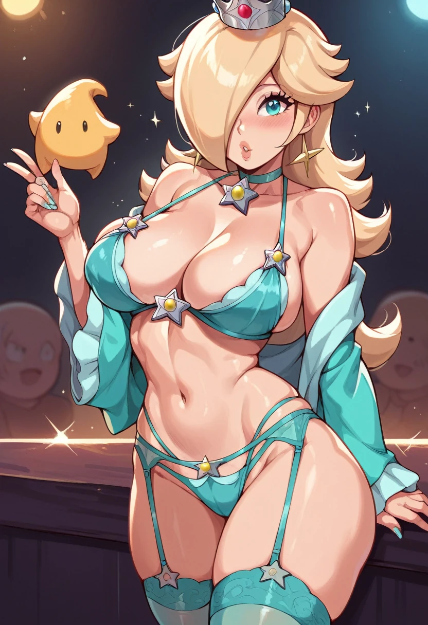 Princess Rosalina, hentai, big breasts, (breasts focus), blue lingerie, horny, shiny breasts, sweated breasts, Rosalina is a horny prostitute, in a nightclub 