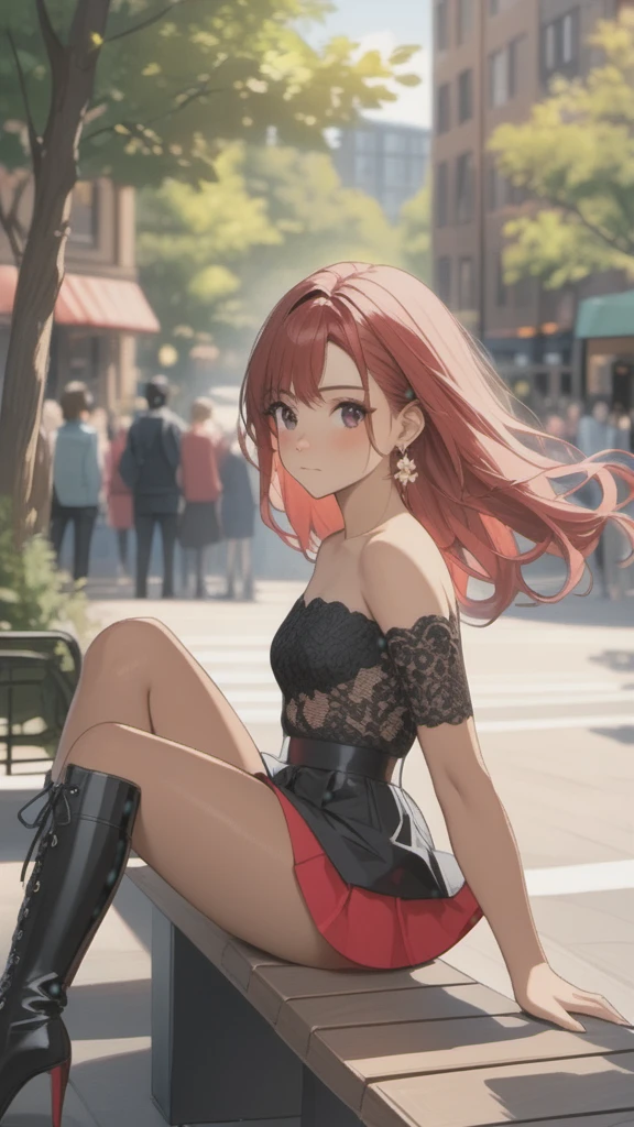 (((Adult woman)): (thigh white lace miniskirt, strapless lace top, pink eyes, brown skin, dark skin, showing the whole body, ((red head short wavy hair)), ((High heel boots ). Closed mouth )); full body shot, ((sitting on a bench at park)), city background. High quality. 4k, 8k, many details. Masterpiece, accurate, anatomically correct, posing, detailed background, better quality, original work Focus on details, people's watching around, Front view, earrings,  wind blowing, red lace panties, skirt lift, opening legs, little freckles 