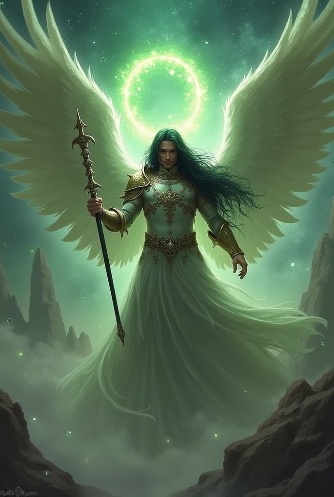 Long black haired male angel with scepter, armor and green halo with ...