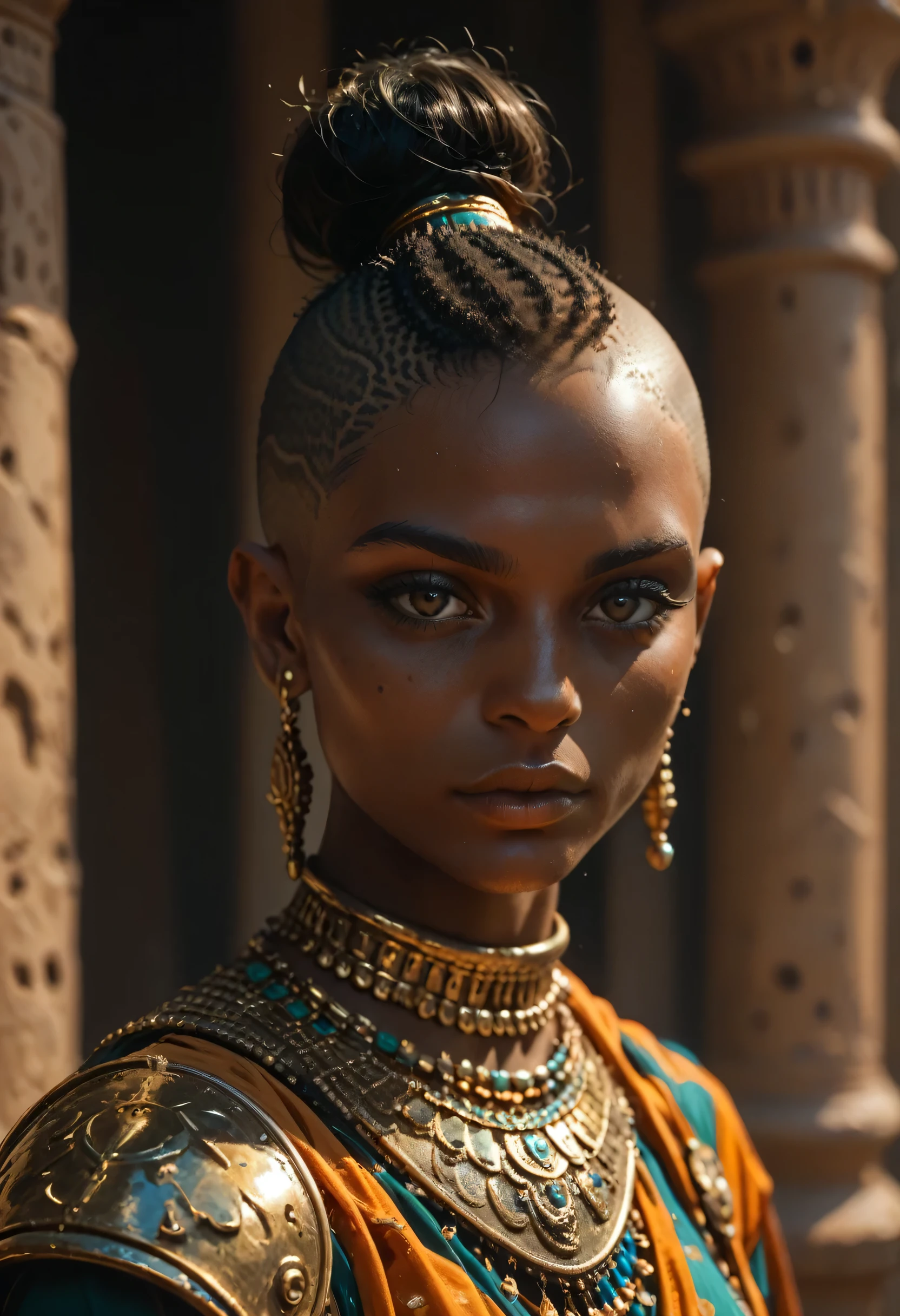 Sexy black african warrior girl, arabian heavy armor, intricate details, beautiful face, ((african black girl)), (((shaved head)))