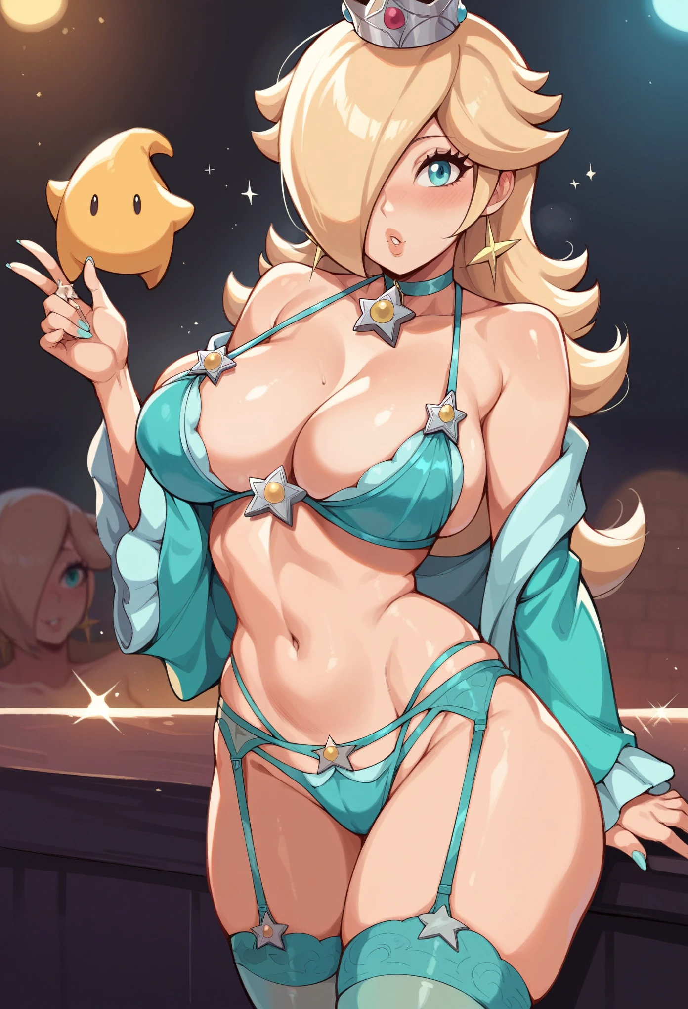 Princess Rosalina, hentai, big breasts, (breasts focus), blue lingerie, horny, shiny breasts, sweated breasts, Rosalina is a horny prostitute, in a nightclub 