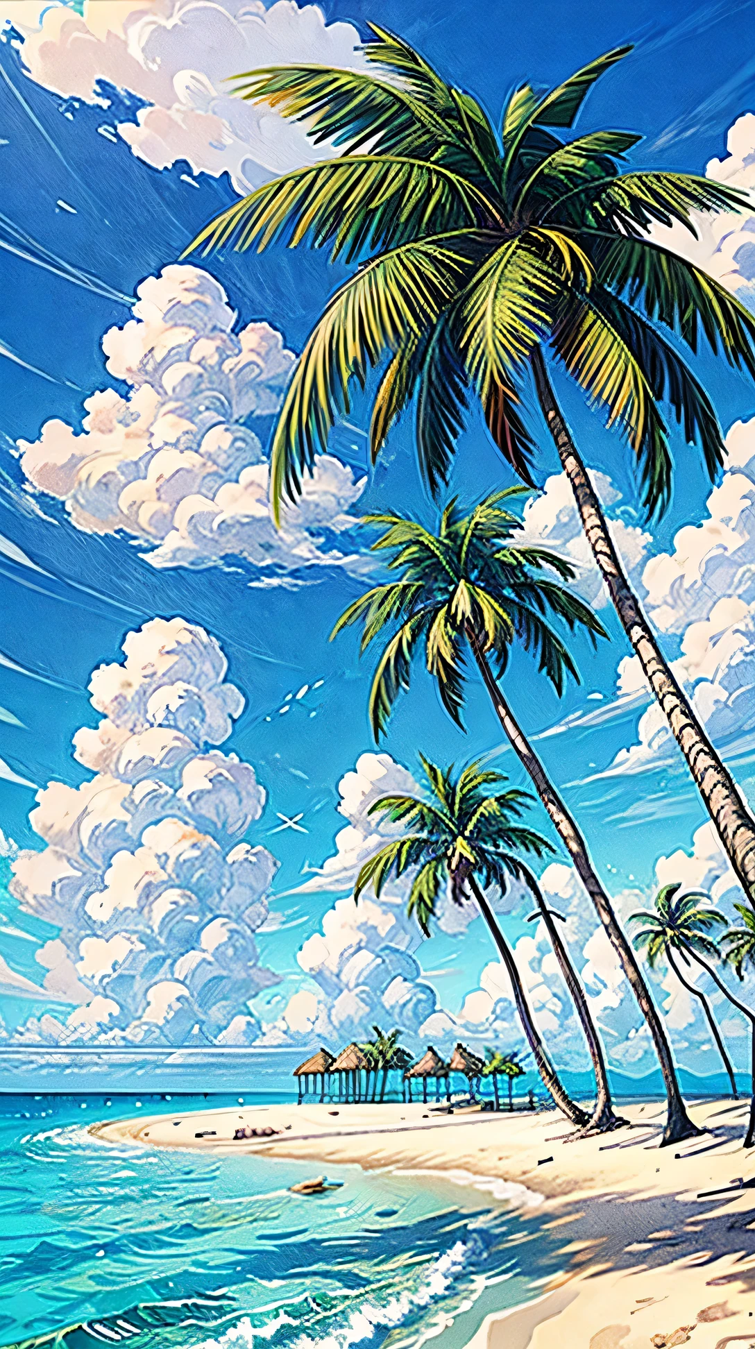 isolated island with tall palm trees and white sand beaches, blue sky