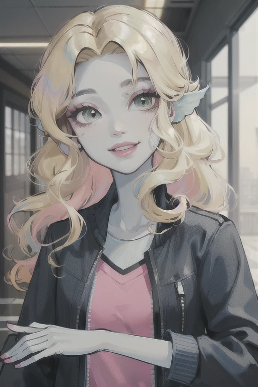 ((masterpiece,best quality)), absurdres,
Lagoona_Blue_MH, solo,  blue skin, black jacket, pink shirt, blonde hair, upper body, detailed face, 
smiling,
school hallway in background, cinematic composition,