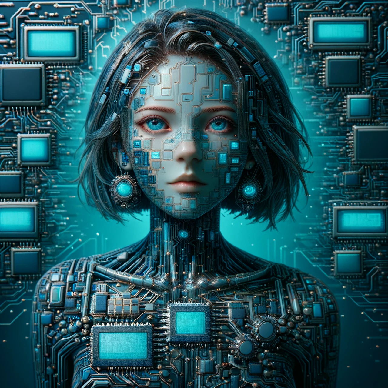 Supreme female humanoid artificial intelligence, made entirely of Biomech semiconductor,  Science fiction, semiconductor cables and tubes instead of hair (masterpiece:1.2), Best quality</input></xml>, (hyperdetailed, more detailed:1.2), high resolution textures, chip na testa, connected by cables to a background circuit board, blue led with pulse, Stunning quality, facing the camera, face, facial view, eye contact, looking seductively at the viewer, Facing the viewer 