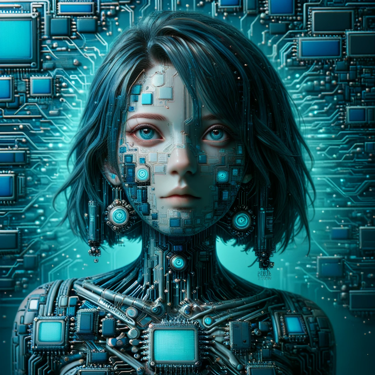 Supreme female humanoid artificial intelligence, made entirely of Biomech semiconductor,  Science fiction, semiconductor cables and tubes instead of hair (masterpiece:1.2), Best quality</input></xml>, (hyperdetailed, more detailed:1.2), high resolution textures, chip na testa, connected by cables to a background circuit board, blue led with pulse, Stunning quality, facing the camera, face, facial view, eye contact, looking seductively at the viewer, Facing the viewer 