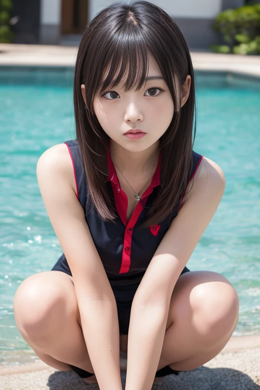 大きいaiグラビア　小学生 可愛い小学生の女の子((9歳、幼い体形、)))))（（（フルボディ写真、正面から撮影）））（（（スクワットポーズ） - SeaArt AI
