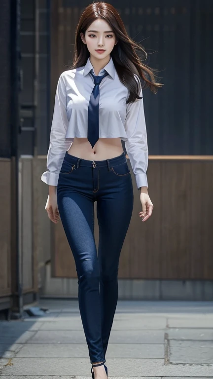 Acurate, 1 Irene、Brown hair、black eyes、Semi-long、setting hair、Slender but well-proportioned muscular body、a smile、wearing a tie-front shirt、Abs are cracked、The navel is visible、Wearing high heels、wearing very tight blue skinny jeans.、Breasts are big、Full Body from Head to Toe、Standing in a full height from head to the tip of the toe.

The picture must capture from head to toe