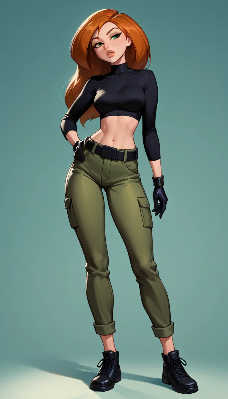 score_9, score_8_up, score_7_up, 1girl, (Kim Possible, black crop top, long sleeves, tight green cargo pants, belt, gloves, shoes:1.3), midriff, flirt, gaze, sexy look, half-closed eyes, head tilt, filled lips, thick lips, makeup, side view, (full body in view) expressiveh d4rk01l, perfect hands, perfect proportions, simple background.