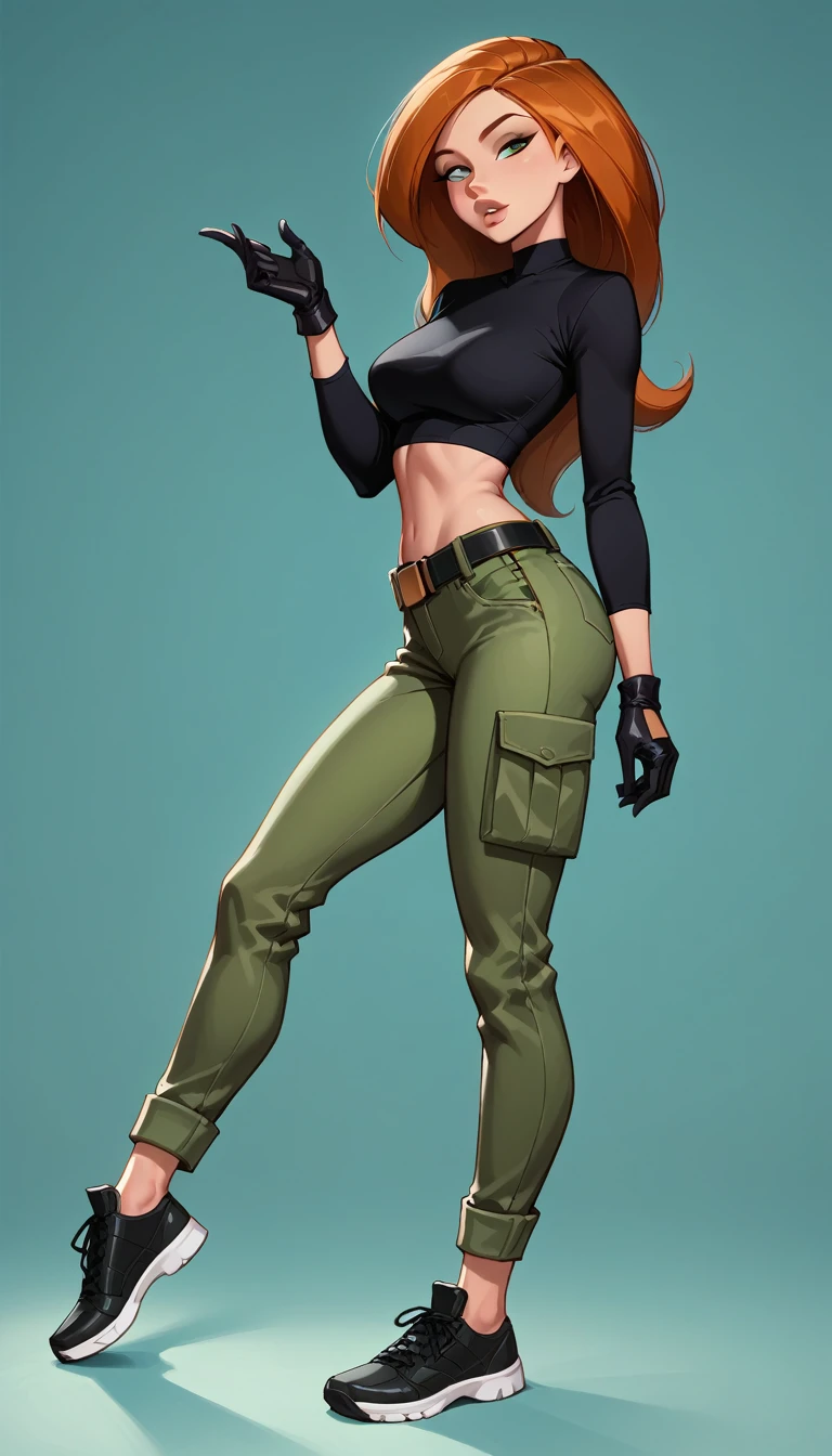 score_9, score_8_up, score_7_up, 1girl, (Kim Possible, black crop top, long sleeves, tight green cargo pants, belt, gloves, shoes:1.3), midriff, flirt, gaze, sexy look, half-closed eyes, head tilt, filled lips, thick lips, makeup, side view, (full body in view) expressiveh d4rk01l, perfect hands, perfect proportions, simple background.