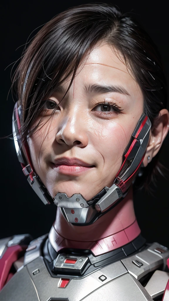 Best Quality　8k (War Machine)　Cyborg middle-aged woman　　Sweaty face　　Short Hair　　Steam coming out of my head　My hair is wet with sweat　Black Hair　　Full body portrait　Only the face is exposed　smile　