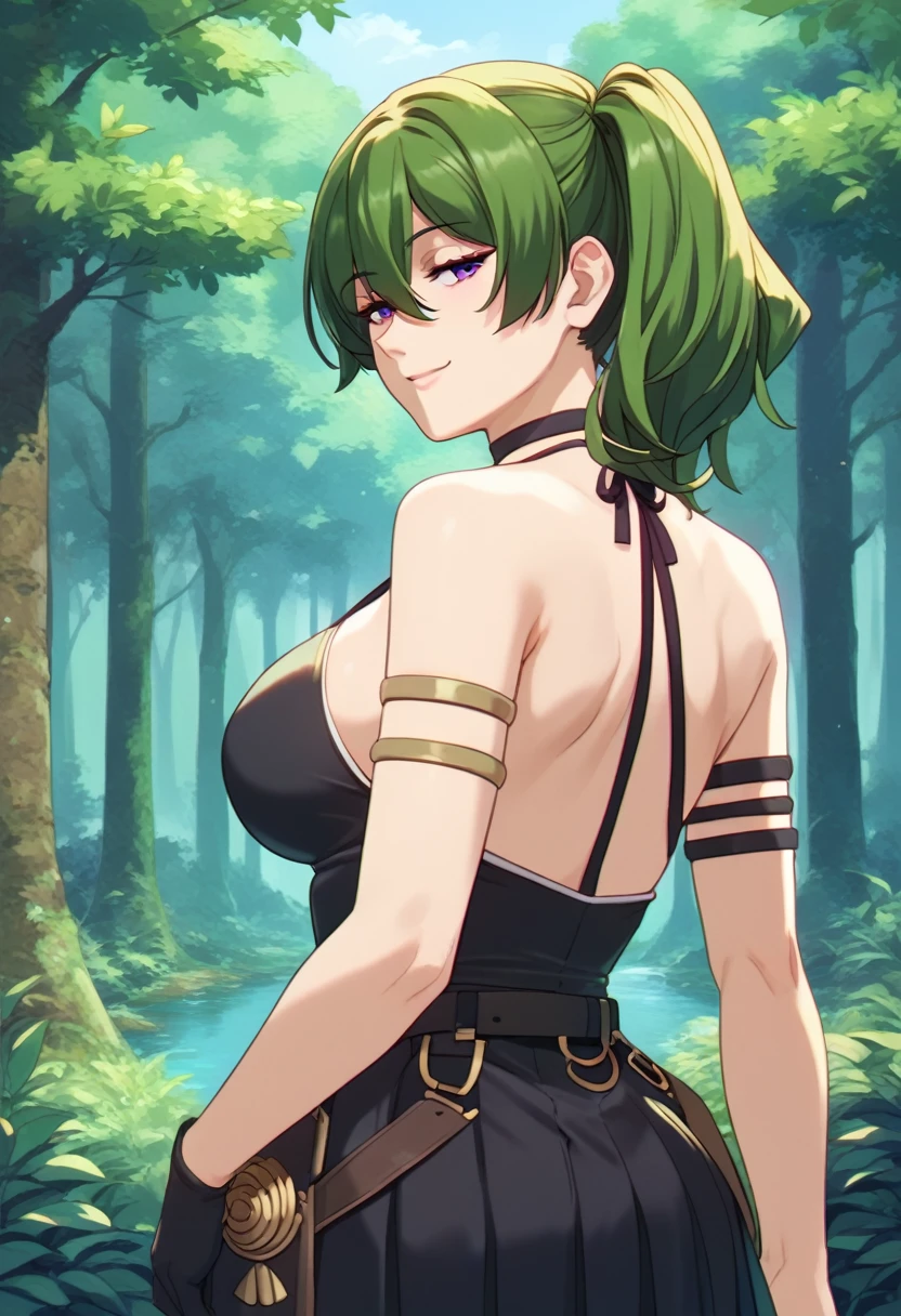 (masterpiece), (Best quality), (Very detailed), (high resolution), (8Khighres), (cel anime), (detailed beautiful face and eyes), (textile shading), (upper body), (forest), ubel,1girl,green hair, bangs,hair between eyes,side ponytail, purple eyes, half-closed eyes, black choker, collarbone, sleeveless, black dress,sleeveless dress, halterneck,pleated skirt, black gloves,belt,black footwear, beautiful breasts, standing, light smile, looking back, from behind, hand on own ass,,