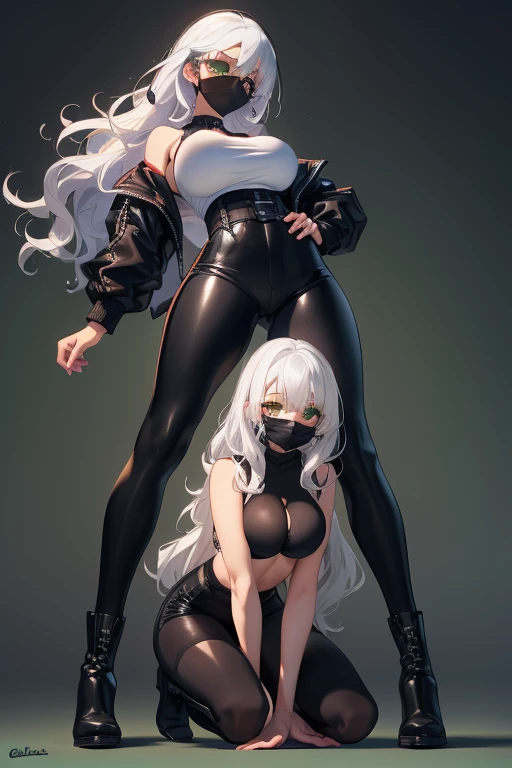 huge breasts, huge ass, big thighs, small waist, white hair, luscious messy hair, tall(adult), perky nipples, blushing, moaning face, open mouth, tongue out, full latex suit