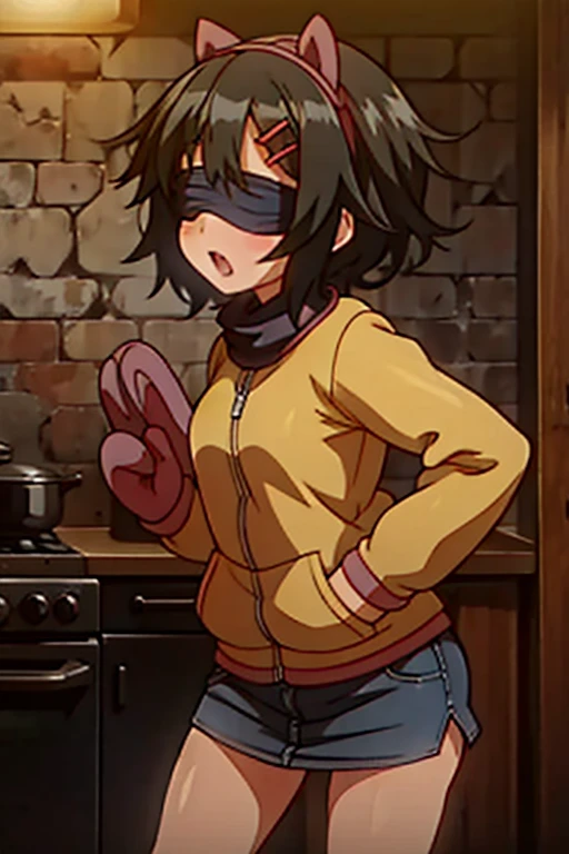 girl in a panty, wearing oven mittens tucked in pockets, blindfold