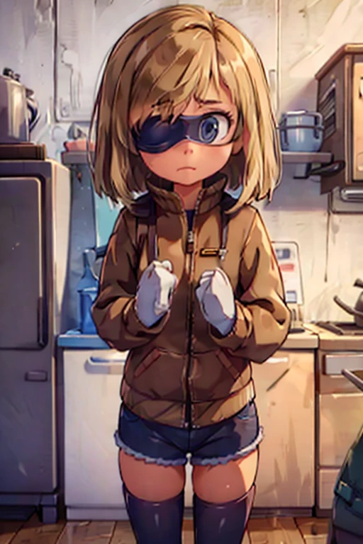 girl in a panty and jacket, wearing oven mittens tucked in pockets, blindfold
