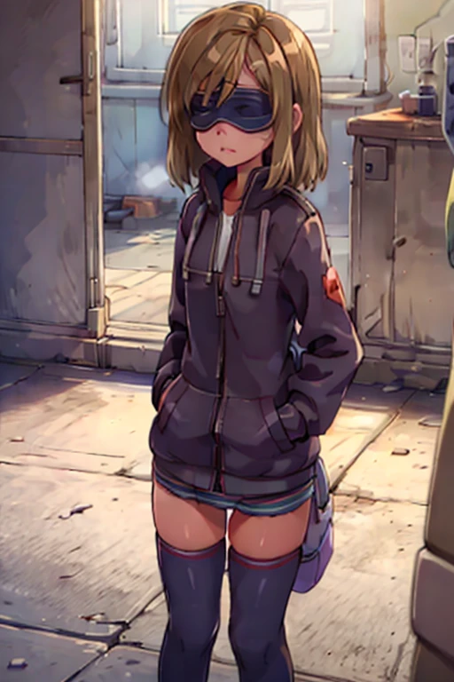 girl in a panty and jacket, wearing oven mittens tucked in pockets, blindfold
