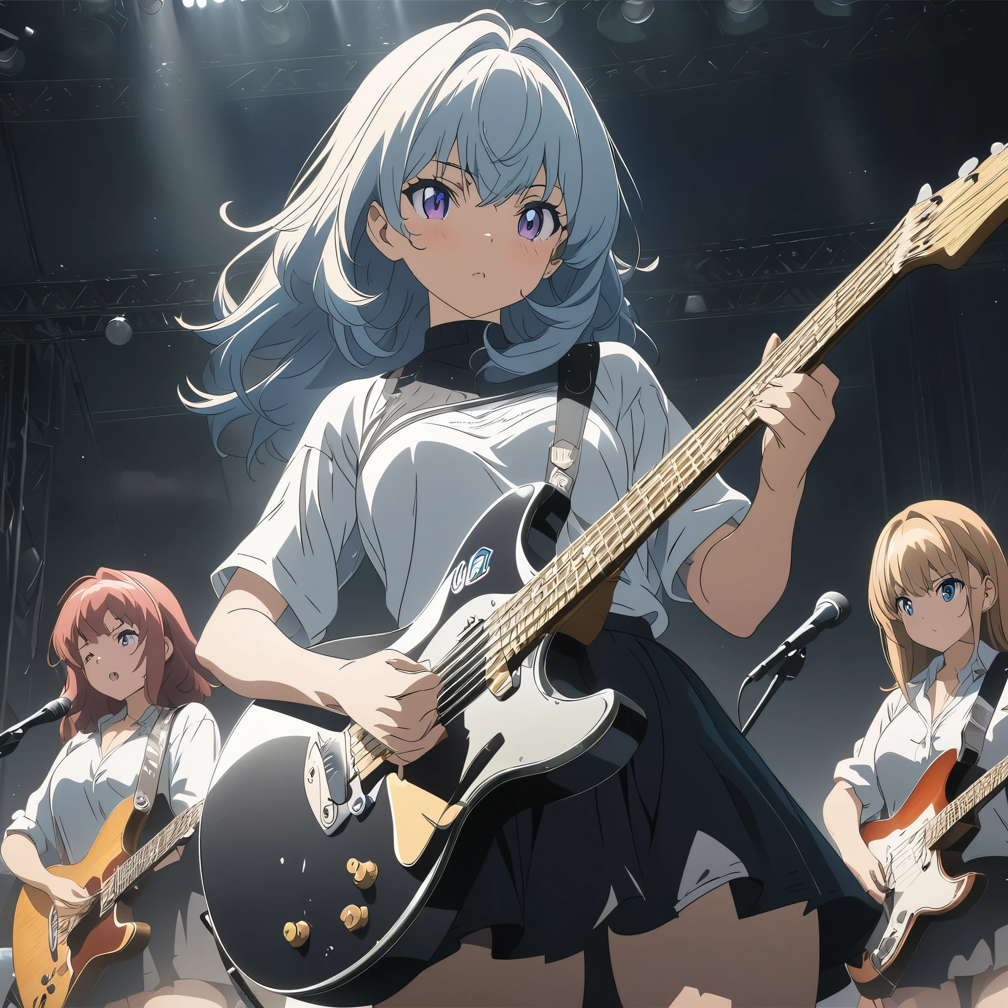 (masterpiece:1.2), (Best Quality:1.2), Ultra-high resolution, Very detailed, 4 girl rock band,cd, musical instrument,Digital anime art,Anime style illustration,Anime illustration