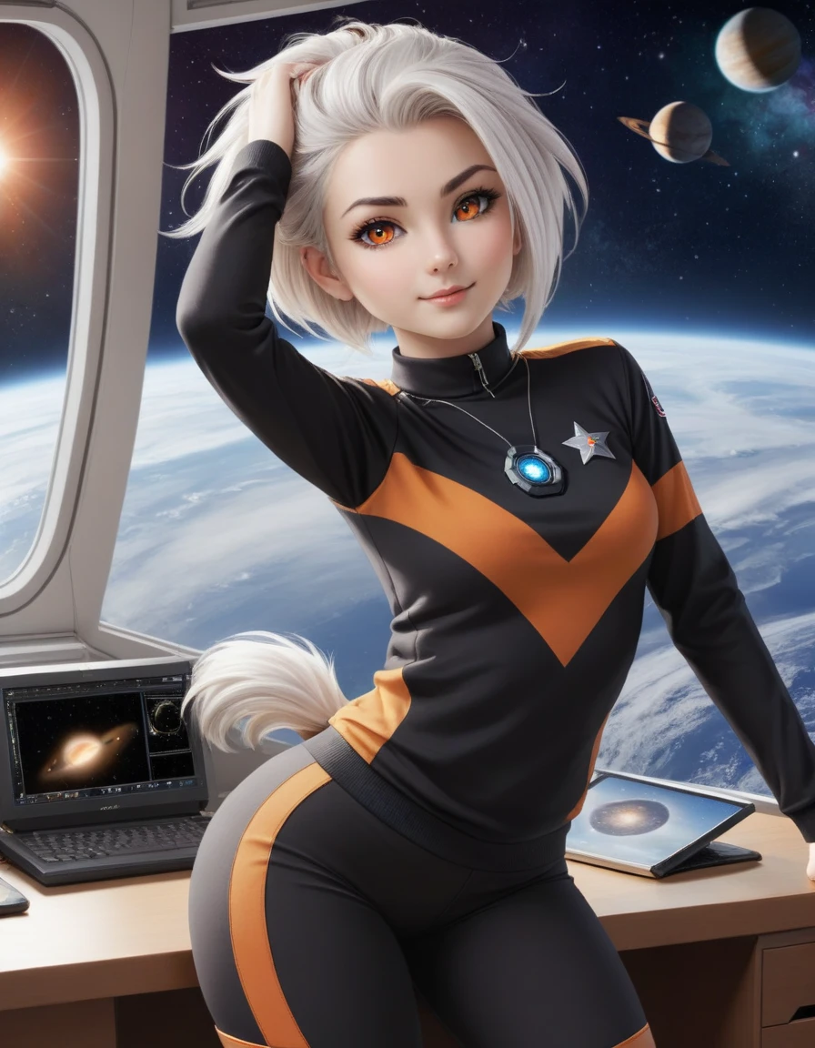 1 girl,Fuzzy,anthro,long tail,  Space station, large window, outer space, Nebula, partially undressedViewers look at, 1 girl, Fuzzy, lift your shirt, shining eyes desk, fkwarnung, black fur, White hair, Hair knot, orange-colored eyes, Shortstack, throw,  bend forward,