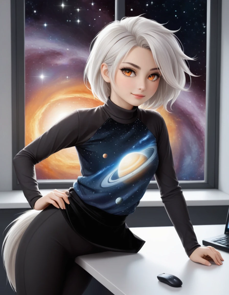 1 girl,Fuzzy,anthro,long tail,  Space station, large window, outer space, Nebula, partially undressedViewers look at, 1 girl, Fuzzy, lift your shirt, shining eyes desk, fkwarnung, black fur, White hair, Hair knot, orange-colored eyes, Shortstack, throw,  bend forward,