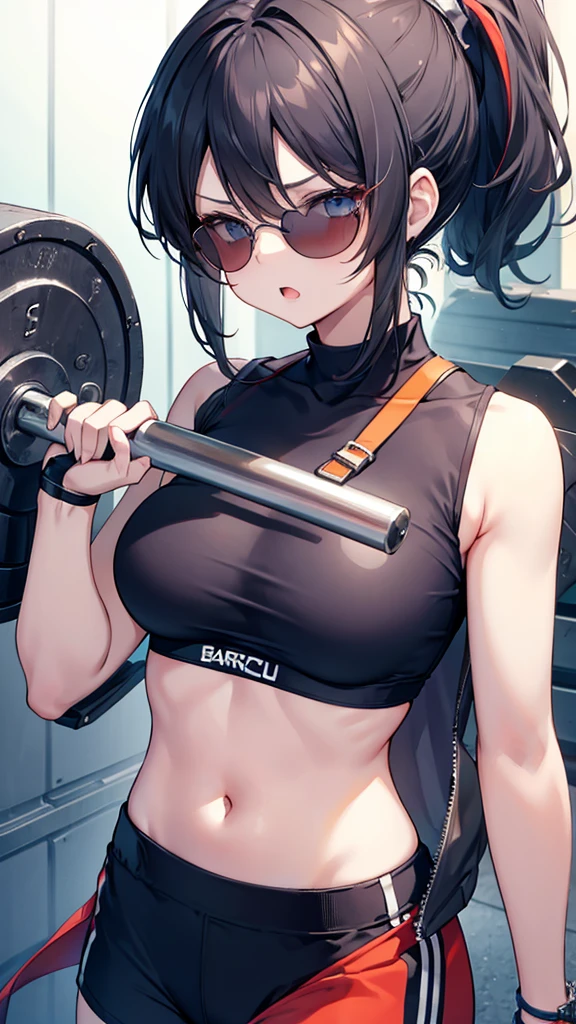 ((1girl)) (massive female bodybuilder:2) pale skin black hair very long hair yellow eyes (huge breasts:2) long hoodie sweatpants midriff close up sad