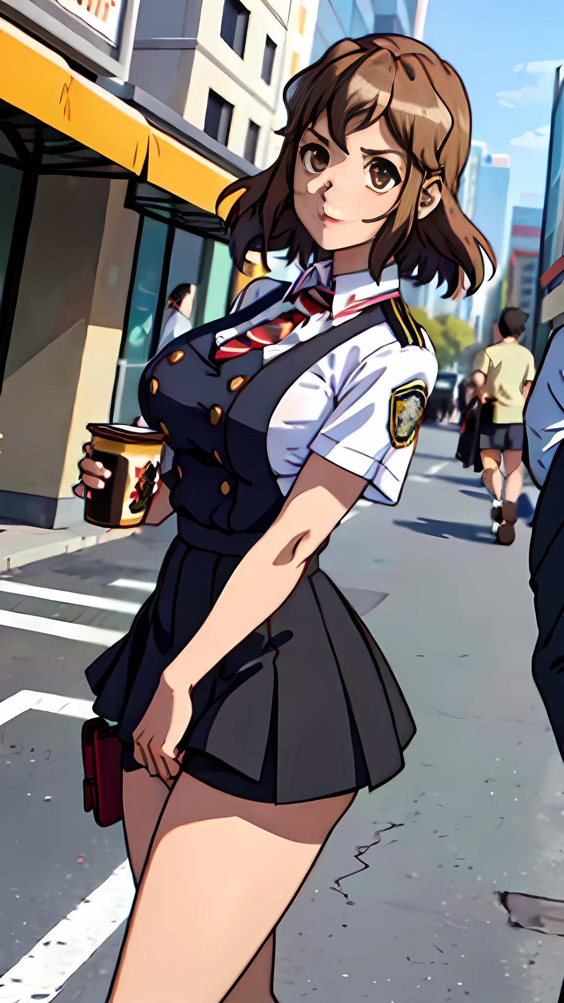 Unreasonable resolution, High resolution, (masterpiece:1.4), ((Giant Breasted)), Super detailed, One girl, Brown eyes, Long black hair,Wear a police uniform and a short skirt, City streets,Sexy posture, The camera is close to the body