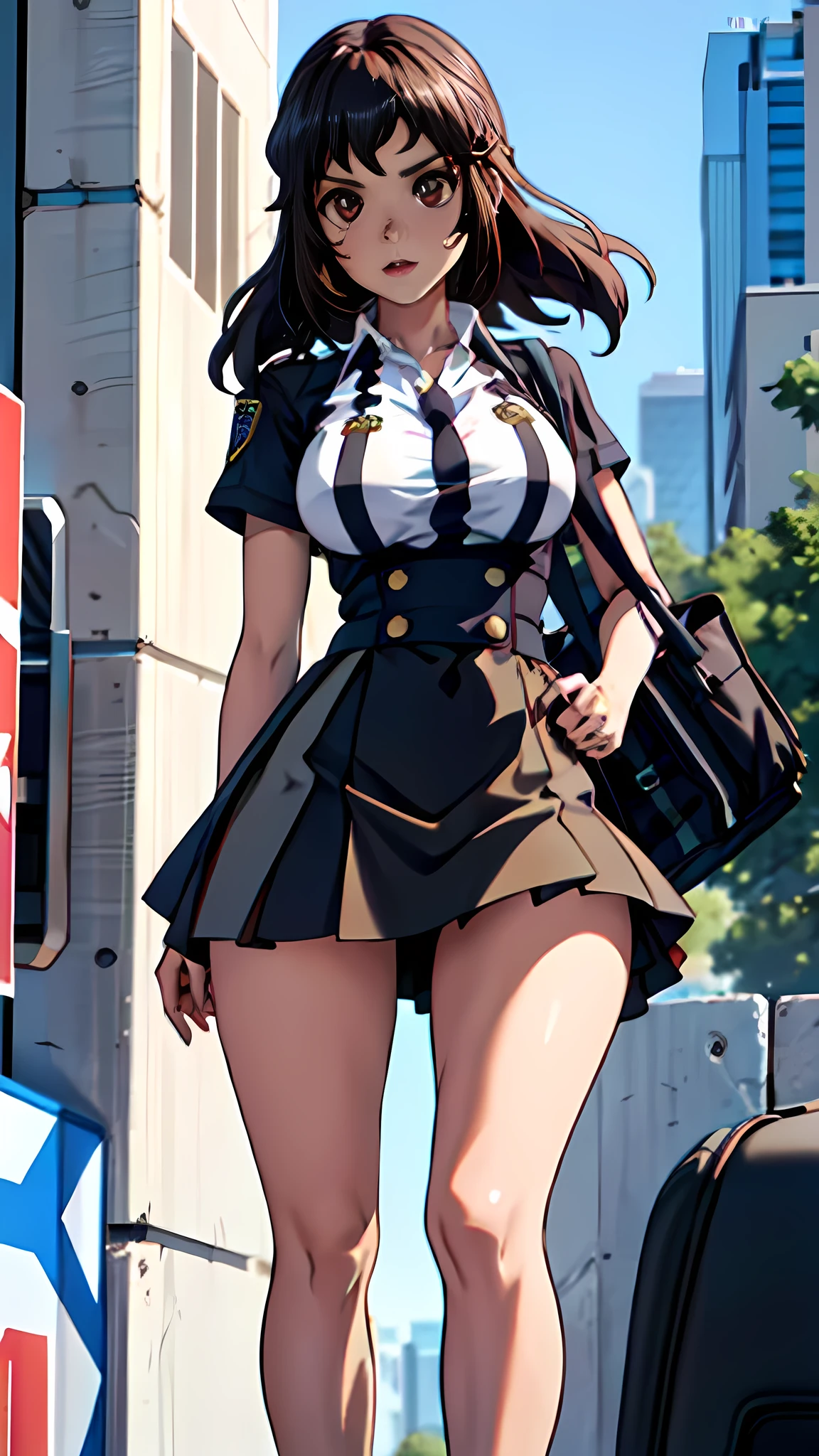 Unreasonable resolution, High resolution, (masterpiece:1.4), ((Giant Breasted)), Super detailed, One girl, Brown eyes, Long black hair，Wear a police uniform and a short skirt, City streets,Sexy posture, The camera is close to the body