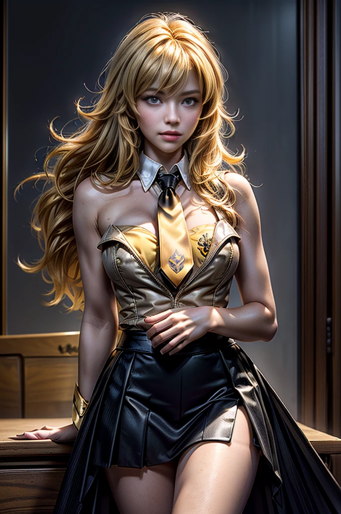 masterpiece,best quality,1girl,yang xiao long,ahoge,blonde hair, ahoge, purple eyes,large breasts,(formal,tuxedo,black skirt,yellow necktie),light smile,standing,cowboy shot, night, stars, in busy open plan office, desks, bookshelves, crowd, (masterpiece,stunning girlfriend, heart shaped face, elegant face, beautiful face, highly detailed face, highly detailed skin, skin pores, subsurface scattering, realistic pupils, looking at viewer, full lips, detailed background, depth of field, atmospheric perspective, volumetric lighting, sharp focus, absurdres, realistic proportions, good anatomy, (realistic, hyperrealistic:1.4), 16k hdr,