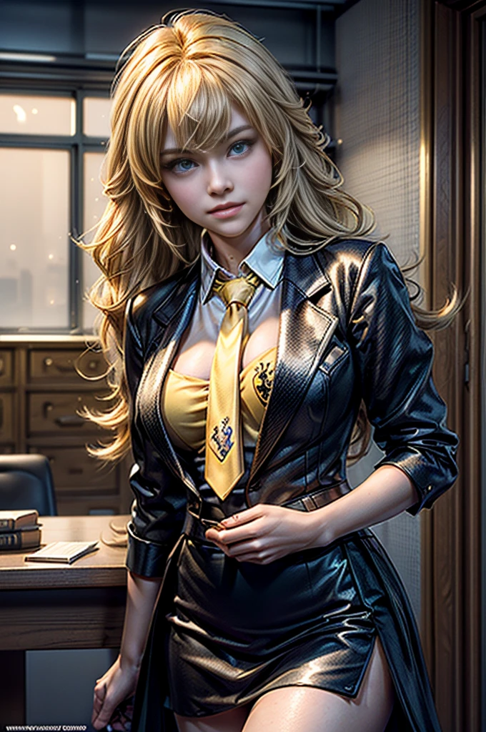 masterpiece,best quality,1girl,yang xiao long,ahoge,blonde hair, ahoge, purple eyes,large breasts,(formal,tuxedo,black skirt,yellow necktie),light smile,standing,cowboy shot, night, stars, in busy open plan office, desks, bookshelves, crowd, (masterpiece,stunning girlfriend, heart shaped face, elegant face, beautiful face, highly detailed face, highly detailed skin, skin pores, subsurface scattering, realistic pupils, looking at viewer, full lips, detailed background, depth of field, atmospheric perspective, volumetric lighting, sharp focus, absurdres, realistic proportions, good anatomy, (realistic, hyperrealistic:1.4), 16k hdr,