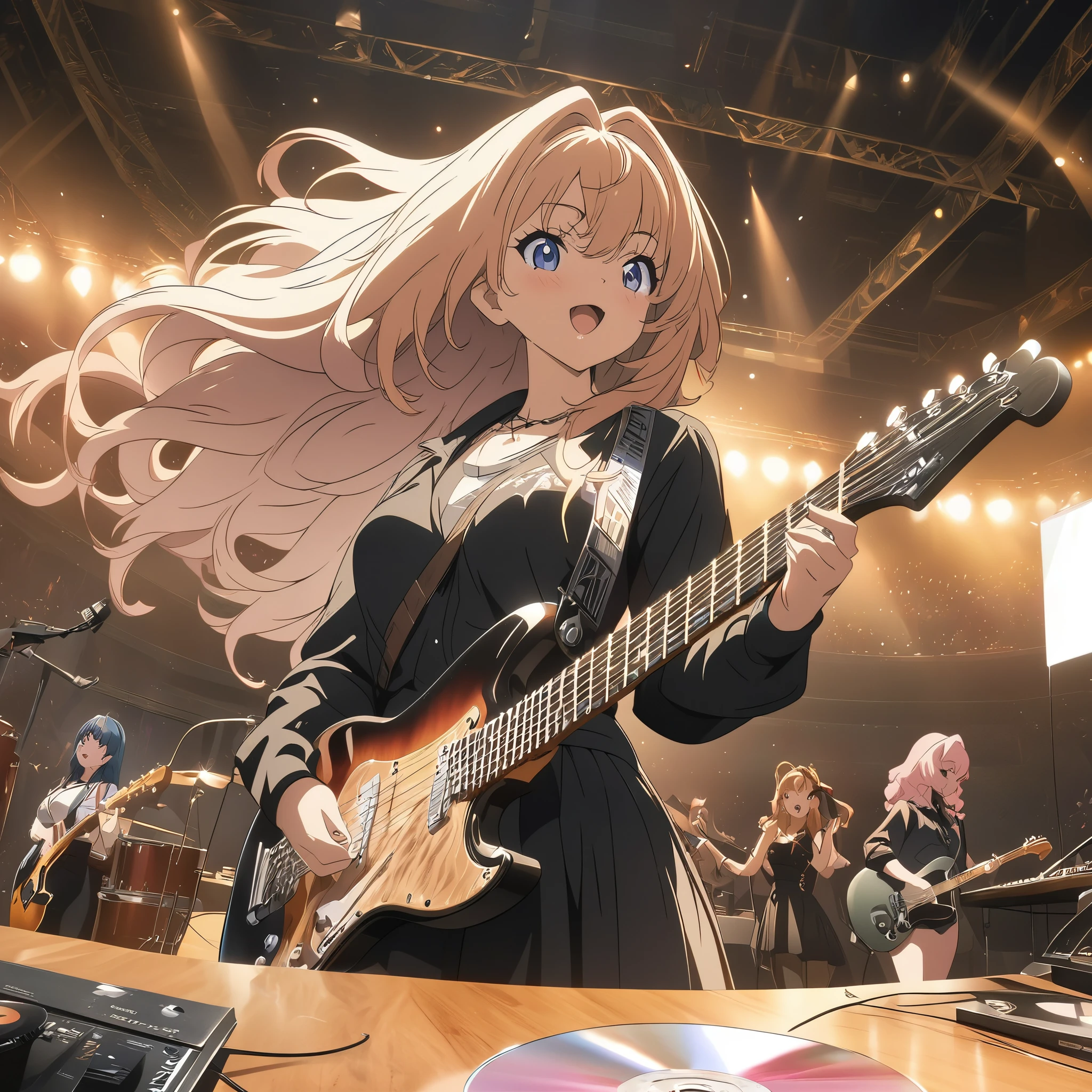 (masterpiece:1.2), (Best Quality:1.2), Ultra-high resolution, Very detailed, 4 girl rock band,cd, musical instrument,Digital anime art,Anime style illustration,Anime illustration