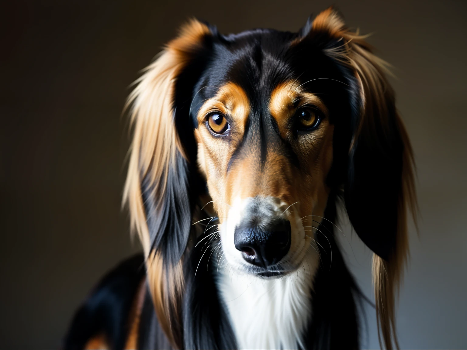 (masterpiece, best quality:1.2), saluki, closeup, perfect eyesblack and tan saluki looking over shoulder at the camera, gold eyes, portrait, full body, solo, blurred background, (masterpiece, best quality:1.2)