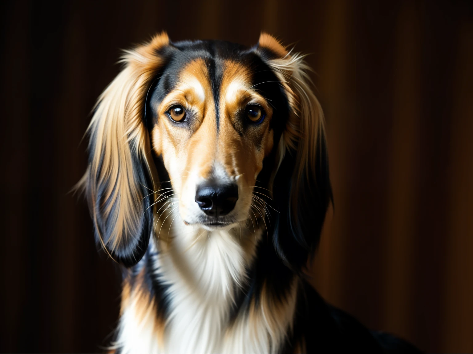 (masterpiece, best quality:1.2), saluki, closeup, perfect eyesblack and tan saluki looking over shoulder at the camera, gold eyes, portrait, full body, solo, blurred background, (masterpiece, best quality:1.2)