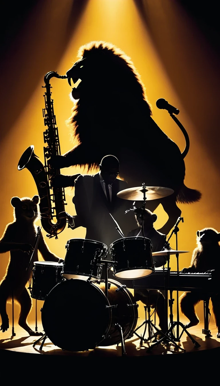 A silhouette of a jazz band of animals performing on a simple stage. The band features a lion playing the saxophone, a monkey on the drums, and an owl on the piano. The dramatic backlighting creates a striking silhouette effect, emphasizing the energetic and dynamic performance.