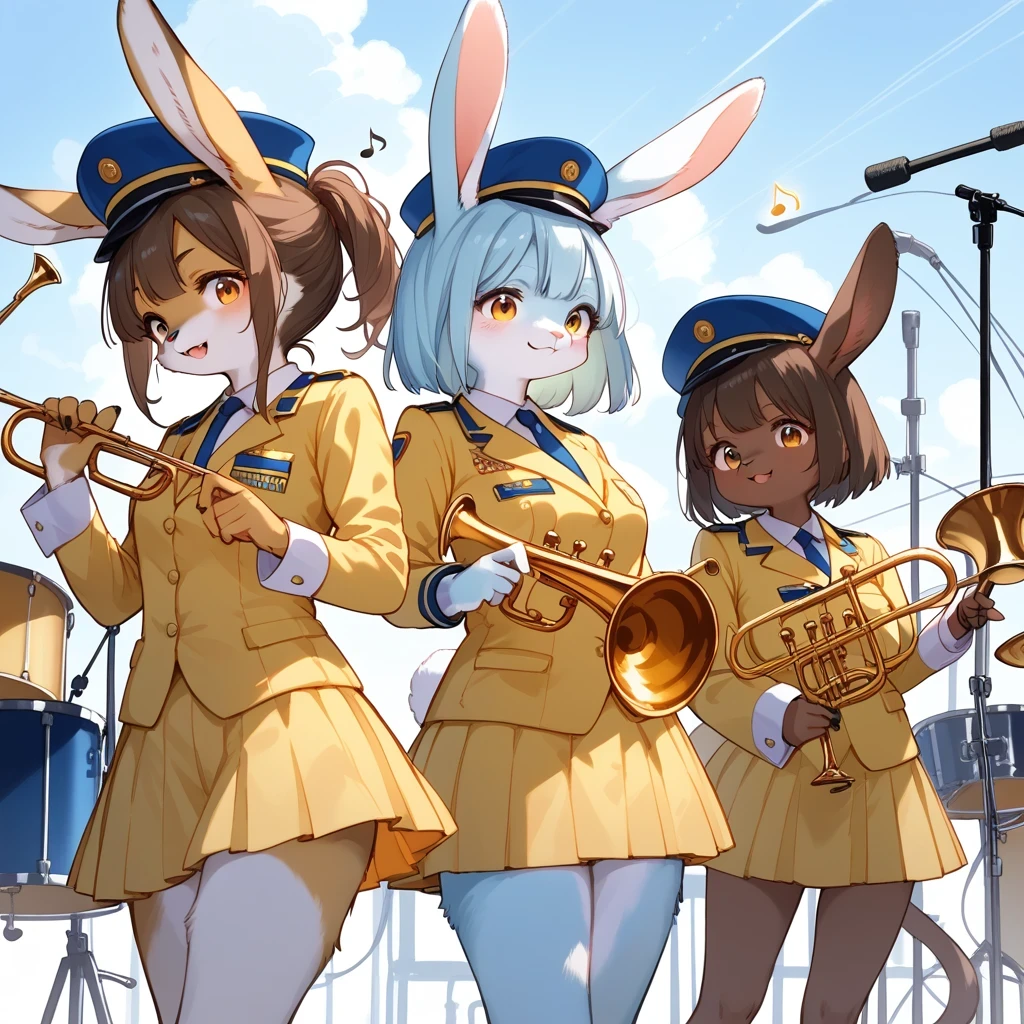 score_9, score_8_up, score_7_up, score_6_up, score_5_up, score_4_up, source_anime, best quality, amazing quality, very aesthetic, absurdres, 5 females, (furry, kemono:1.3), rabbit, Multiple female, 1 female, brown skin, playing trumpet, pink and white uniform, blue hat, center position, 2females, brown skin, playing drums, white and yellow uniforms, 2females, brown skin, playing flutes, green and yellow uniforms, outdoor setting, musical notes floating, lively atmosphere, marching band, An animated marching band, with the central character wearing a pink and white uniform with a blue hat and playing the trumpet. Two characters in white and yellow uniforms play drums, and two characters in green and yellow uniforms play flutes. All characters have brown skin. The background is not detailed, but suggests an outdoor setting, and notes floating in the air convey the liveliness of the performance,
