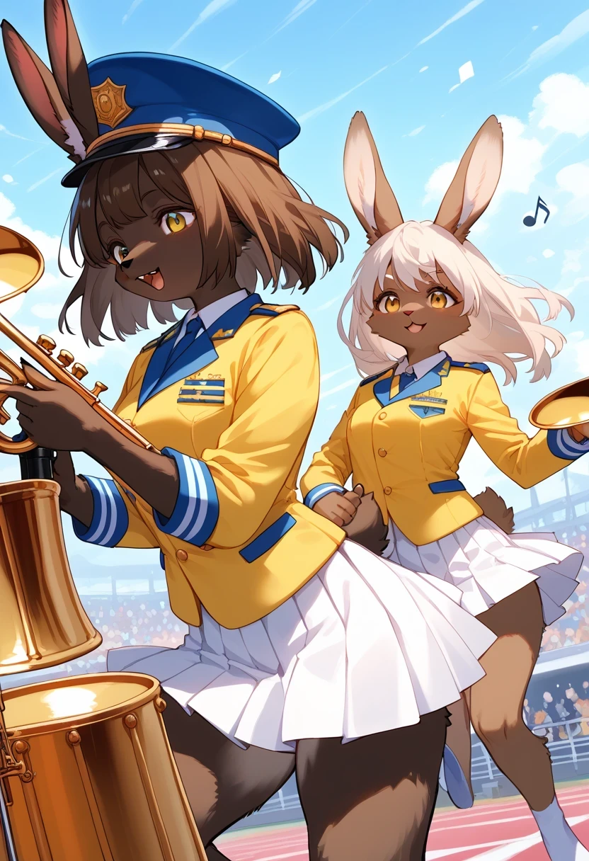 score_9, score_8_up, score_7_up, score_6_up, score_5_up, score_4_up, source_anime, best quality, amazing quality, very aesthetic, absurdres, 5 females, (furry, kemono:1.3), rabbit, Multiple female, 1 female, brown skin, playing trumpet, pink and white uniform, blue hat, center position, 2females, brown skin, playing drums, white and yellow uniforms, 2females, brown skin, playing flutes, green and yellow uniforms, outdoor setting, musical notes floating, lively atmosphere, marching band, An animated marching band, with the central character wearing a pink and white uniform with a blue hat and playing the trumpet. Two characters in white and yellow uniforms play drums, and two characters in green and yellow uniforms play flutes. All characters have brown skin. The background is not detailed, but suggests an outdoor setting, and notes floating in the air convey the liveliness of the performance,
