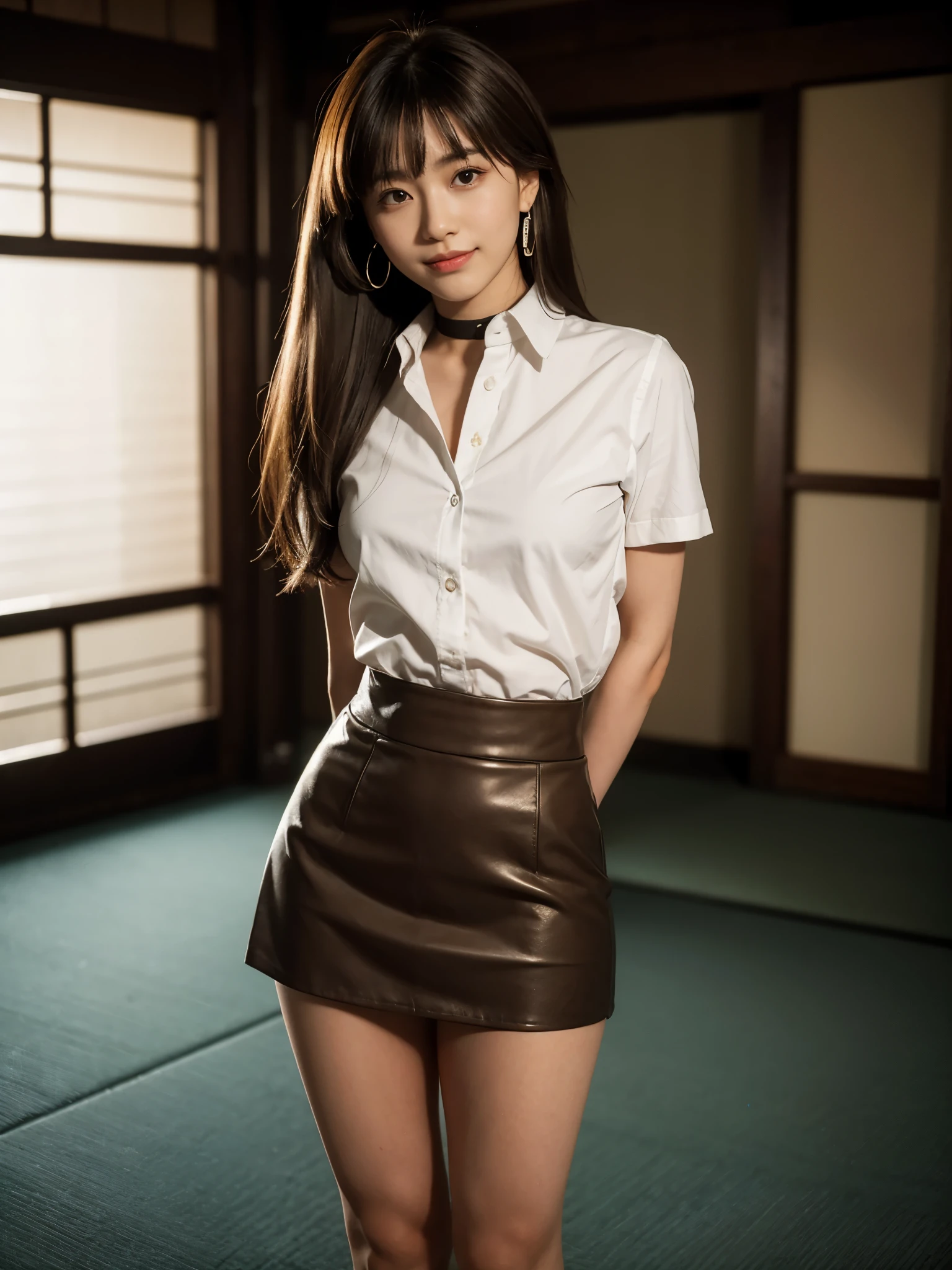 Standing Japanese woman、Hands behind back:1.5、1 person、Perfect beauty、university student、actress、Full body portrait、Small face、Precise and beautiful eyes、Medium build、Model-like proportions、Wearing a shirt、Wearing a skirt、Bright interior, light brown hair, crossed bangs, straight hair, floating hair, expressive hair, big hair, wide eyes, earrings, seductive smile, naughty, Verism, Surrealism, cinematic lighting, Fujicolor, tachi-e, first-person view, f/1.8, Nikon, UHD, anatomically correct, masterpiece, high details, award winning, best quality, highres, 16k,