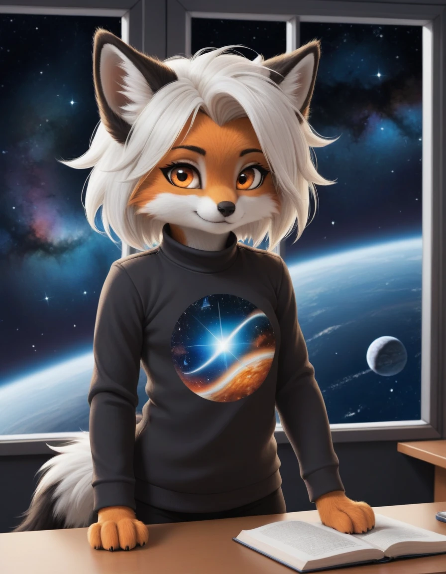 1 girl,Fuzzy,anthro,long tail,  Space station, large window, outer space, Nebula, partially undressedViewers look at, 1 girl, Fuzzy, lift your shirt, shining eyes desk, fkwarnung, black fur, White hair, Hair knot, orange-colored eyes, Shortstack, throw,  bend forward,