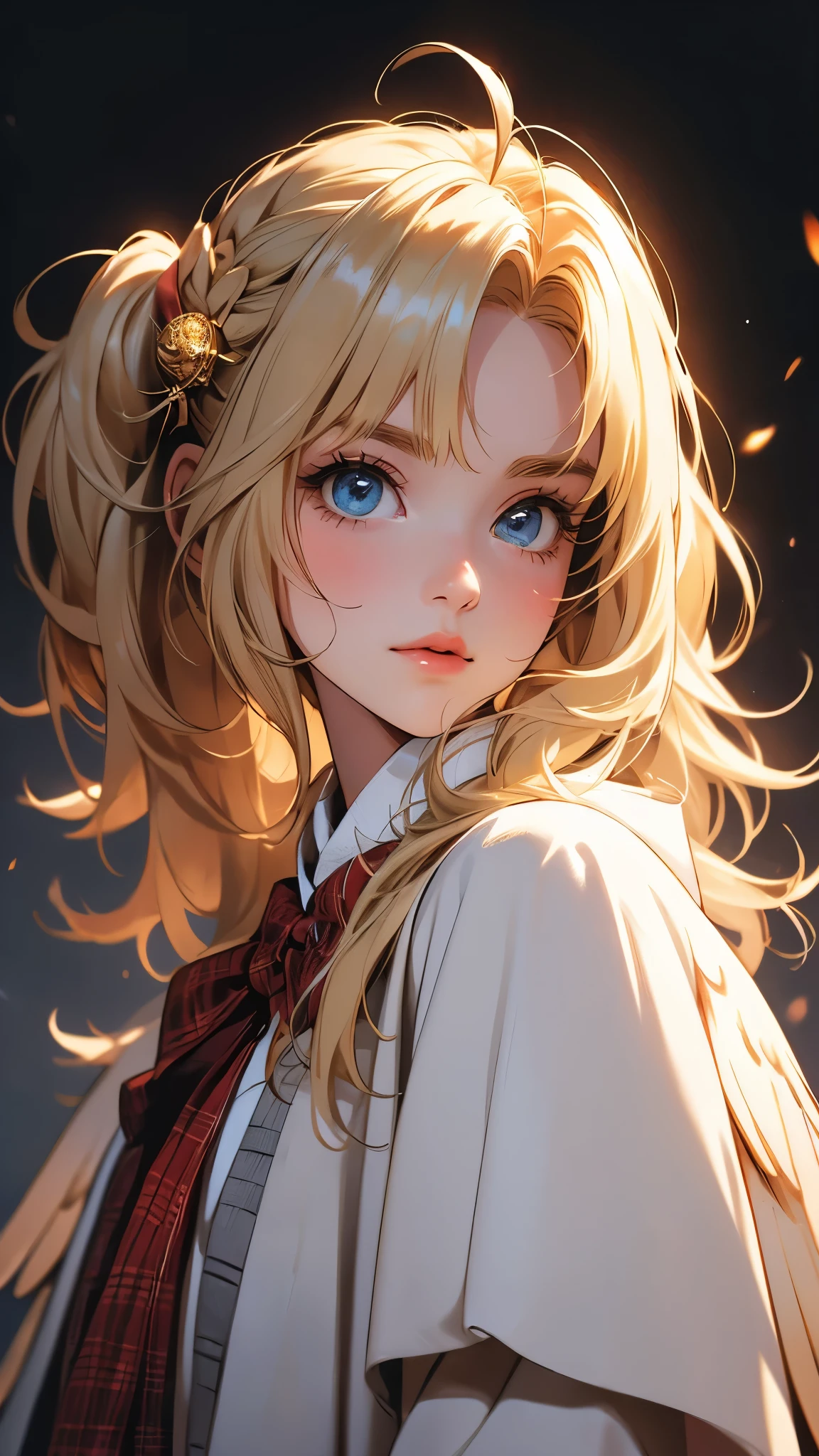 ((Masterpiece)), envision a 8k, highres, cinematic, extremely beautiful semi realistic close up portrait of a beautiful mature princess lady with a mature face, slender body, strong face, ((long light blonde hair)), side locks, choppy bangs, round face, long sweeping bangs, baby blue eyes, soft lips, lip gloss, thick eyebrows, round face, (Half Bird) (((ahoge))), golden hair clip, small twintails, brown long overcoat, white shirt, red tie, long sleeves, ((plaid capelet)) ((fluffy wings)), ((((1girl)))), in dark lighting, against a dark gray background