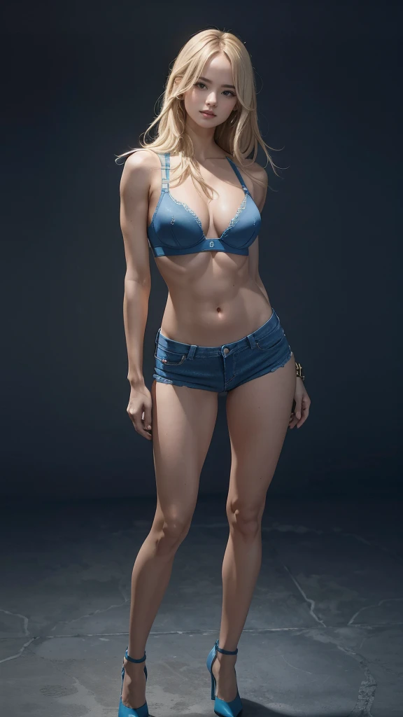 (high quality, best rendering), (beautiful girl), gray hair(bombshell, style pin-up), a psychopath, crazy face, sexy pose, denim short shorts, mother, pastel, centered, scale to size, Micro thongs, micro BIKINI, camel toe
