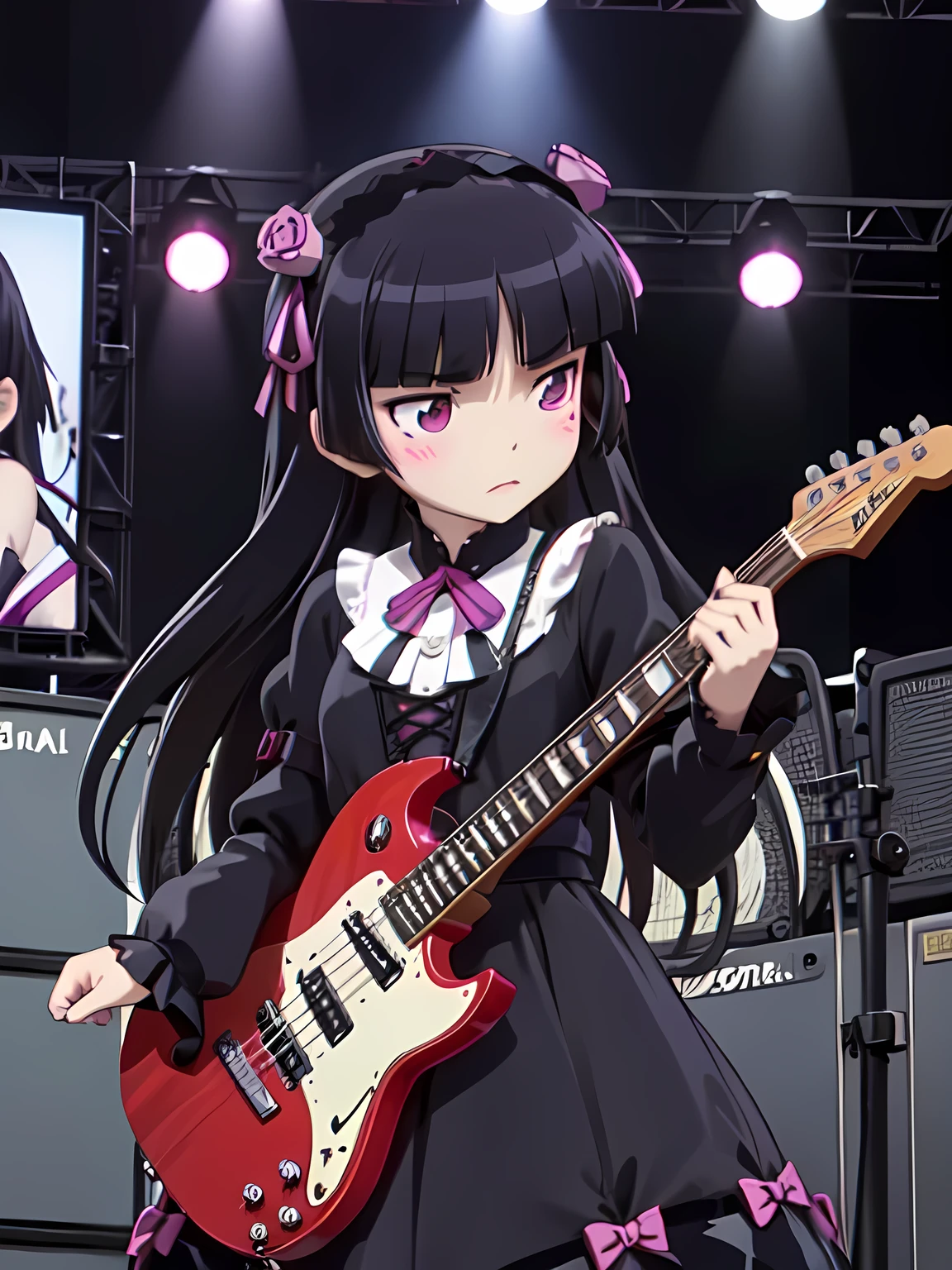 Metal Band, ruri gokou, Gothic Lolita, Hime cut, Black Hair, Long Hair, mole, blush, Dark Stage, Intense guitar riffs, Powerful drummer, Scenes with heavy bass, Skull motif, full body