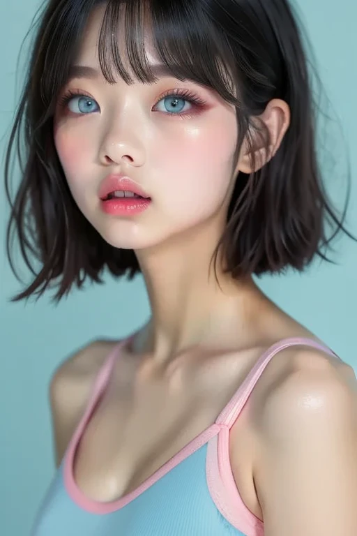 Girl wearing a sports bra, Glossy pink plump lips, Lips slightly open with lip balm applied, Moist pale blue eyes,Double eyelids、Standing in front of a blue studio backdrop