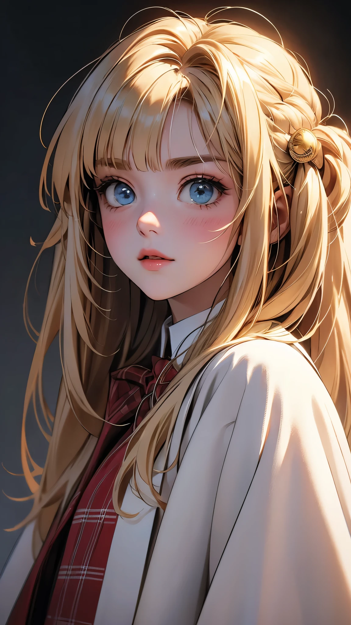 ((Masterpiece)), envision a 8k, highres, cinematic, extremely beautiful semi realistic close up portrait of a beautiful mature princess lady with a mature face, slender body, strong face, ((long light blonde hair)), side locks, choppy bangs, round face, long sweeping bangs, baby blue eyes, soft lips, lip gloss, thick eyebrows, round face, (Half Bird) (((ahoge))), golden hair clip, small twintails, Polcie Uniform, brown long overcoat, white shirt, red tie, long sleeves, ((plaid capelet)) ((fluffy wings)), ((((1girl)))), in dark lighting, against a dark gray background