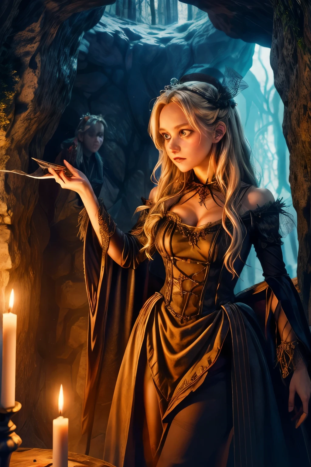 illustration of Virginia Otis blonde hair blue eyes youngest cute face, from the Canterville Ghost, furtively observing a group of followers of the Goddess Freia who are celebrating a forbidden ritual inside a mysterious cave. We are sure that only a talented artist like you will be able to capture the essence of this magical and mysterious encounter. Your drawing will be fundamental for the creation of a unique publication, which combines the gothic atmosphere and the charm of the supernatural. Remember to add evocative details, such as candle flames dancing in the dark, shadows moving ominously along the rock walls, and Virgin Otis' claws clinging to the stone. Highlight the aura of mystery and emotion that this forbidden encounter evokes.
