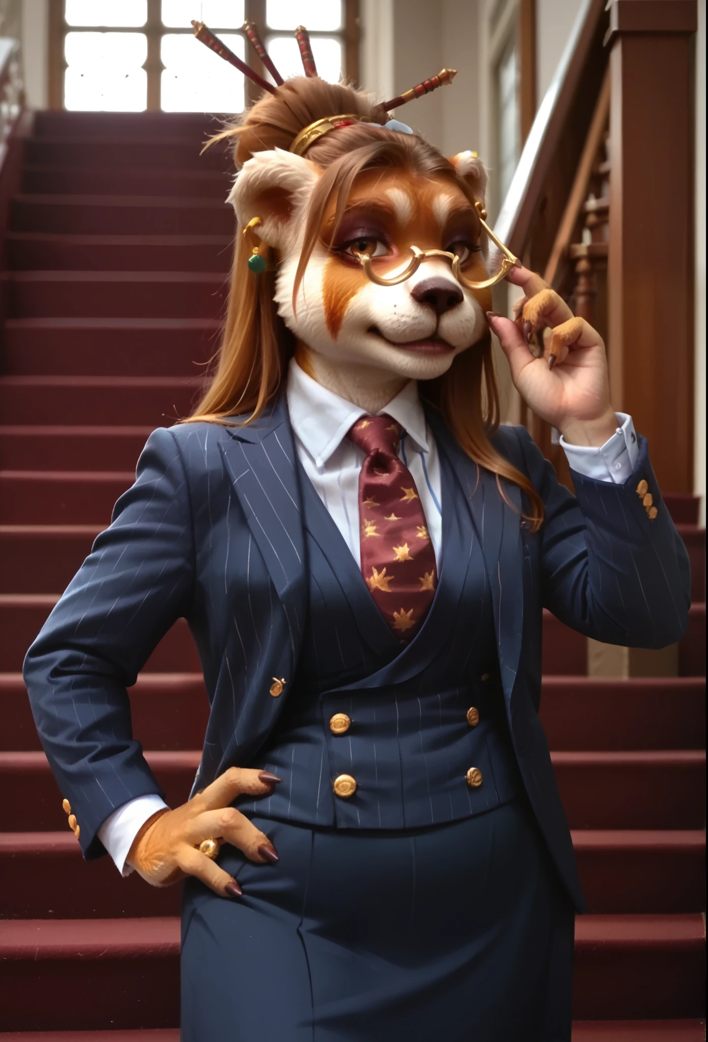 score_9, score_8_up, score_7_up, score_6_up, score_5_up, score_4_up, 1girl, breasts, furry, animal ears, brown hair, brown eyes, earrings, jewelry, hair ornament, glasses, hair stick, three-piece suit, 1girl, formal, jewelry, suit, red striped necktie, waistcoat, navy pinstripe jacket, blue striped shirt with white collar, white shirt collar, shirt, skirt, bodycon skirt, smoky eyeshadow, cufflinks, looking at viewer, close up, manor staircase, mansion staircase, velvet stairs superior, boss lady, portrait, looking down nose, stern, smoulder, strict, hand on stair bannister, hand on hip, looking to the side, formal portrait, good posture, raised chin, (((adjusting glasses)))