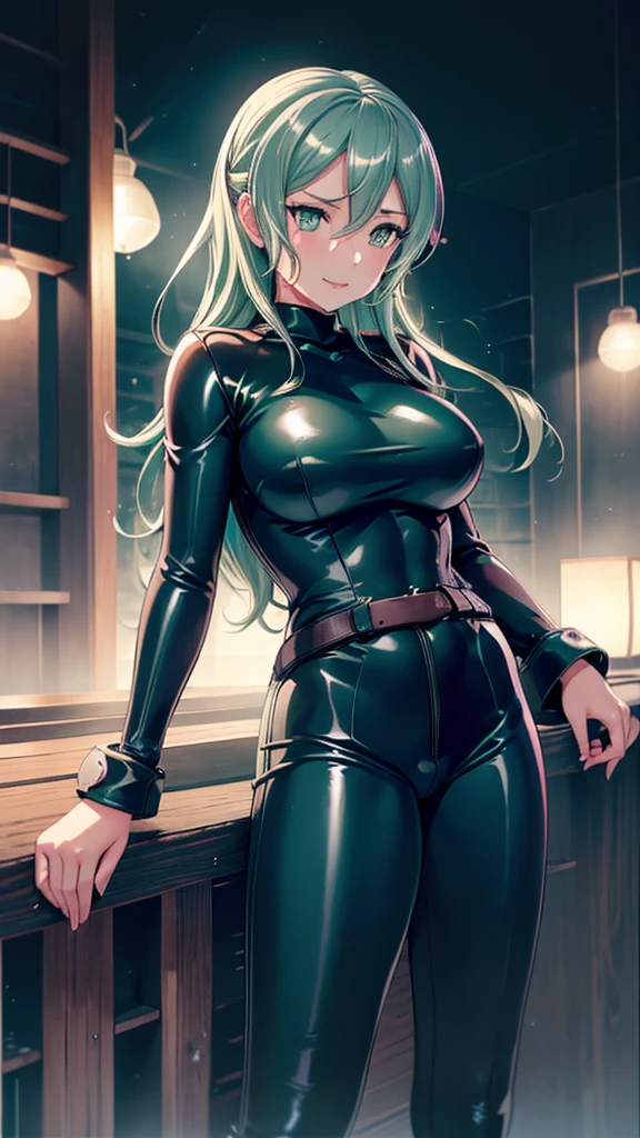 Erotic、Sayo Hikawa、Light green hair、tall、Big Breasts、Blue Archive、Dark brown skin、Brown Skin、Sexy shiny latex sweatsuit　Pink Line、Evil Warrior、sexy、An evil, mocking smile、lure、Alluring、Pitch black background、Dark bedroom at night、Fall into Darkness、Fallen into evil、Upper Body