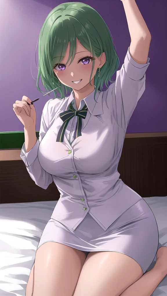 Erotic、Hikawa Hina、Light green short hair、Big Breasts, Alone,teacher、 White dress shirt、Black pencil skirt, Purple Lingerie、Purple evil background、Hotel　bed 、Best Quality, Detailed face, detailed eyes, High resolution,、Evil female executive、Wicked Smile、Sexy pose、Fallen into evil、Fall into Darkness、Dark Side