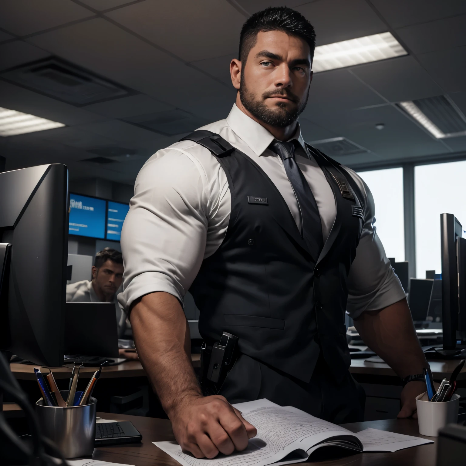 An award-winning original photo，A wild muscular man, (2 FBI agent working on a futuristic office:1.1), 1boy, Solo, Rolling up the sleeves of a white social shirt, black vest, black suit pants, shoulder straps, (big shoulderusculature, stubbles, Short beard, Beautiful eyes:1.3), (Detailed face:1.3), Dynamic Angle, (Best quality, A high resolution, Photorealistic), Cinematic lighting, Masterpiece, RAW photo, Intricate details, hdr, depth of field,extreme close up, 