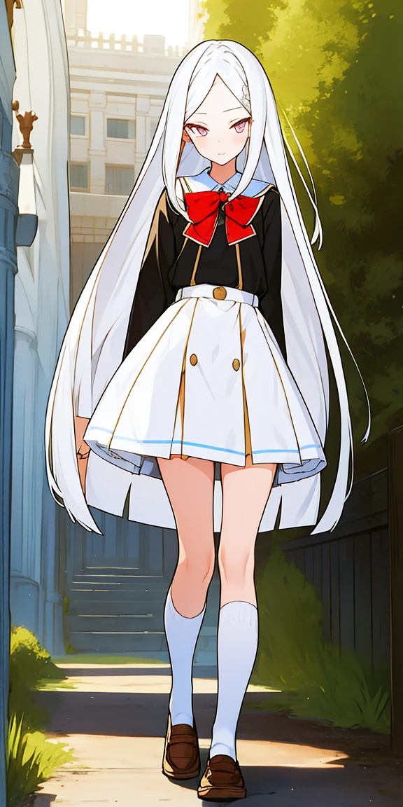 masterpiece), best quality, 1 girl, 14yo, 148cm, slender, perfect face, ((knee-length silky straight hair, white hair, middle parted bangs,  long right bangs, very short left bangs)), school uniform, long skirt, white tights, loafers, looking at viewer, standing, gentle smile, normal ear, expressive eyes, red eyes, Double eyelids, Fine grain